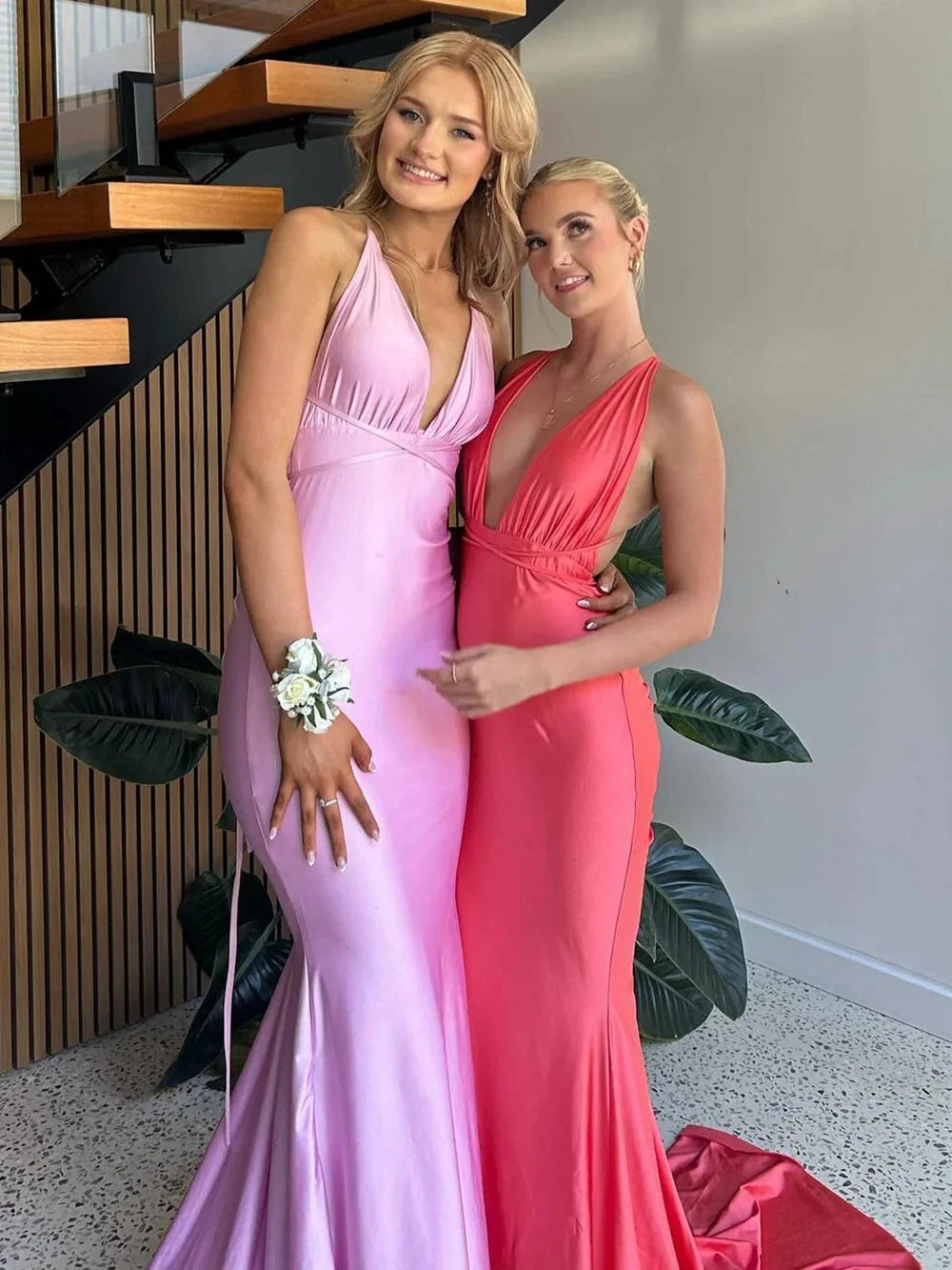 Helaina | Plunge Neck Light Pink Mermaid Satin Long Prom Dress by KissProm