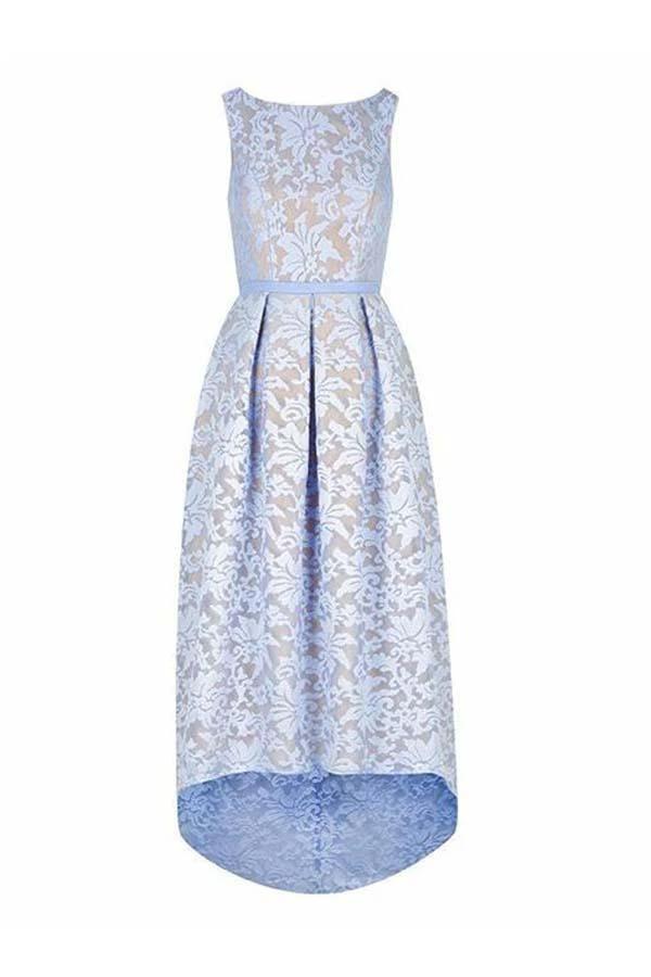 High Low Bateau Sleeveless Light Sky Blue Lace Bridesmaid Dress BD046 by pgmdress