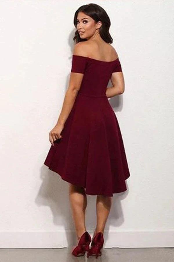 High Low Off The Shoulder Burgundy Short Prom Dress Homecoming Dress PD132 by pgmdress