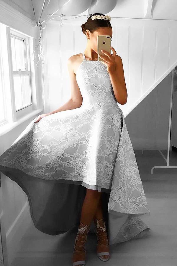 High-Low Sleeveless Grey Satin Prom Dress Evening Dress with Lace PG093 by pgmdress
