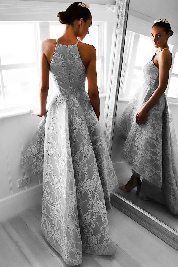 High-Low Sleeveless Grey Satin Prom Dress Evening Dress with Lace PG093 by pgmdress