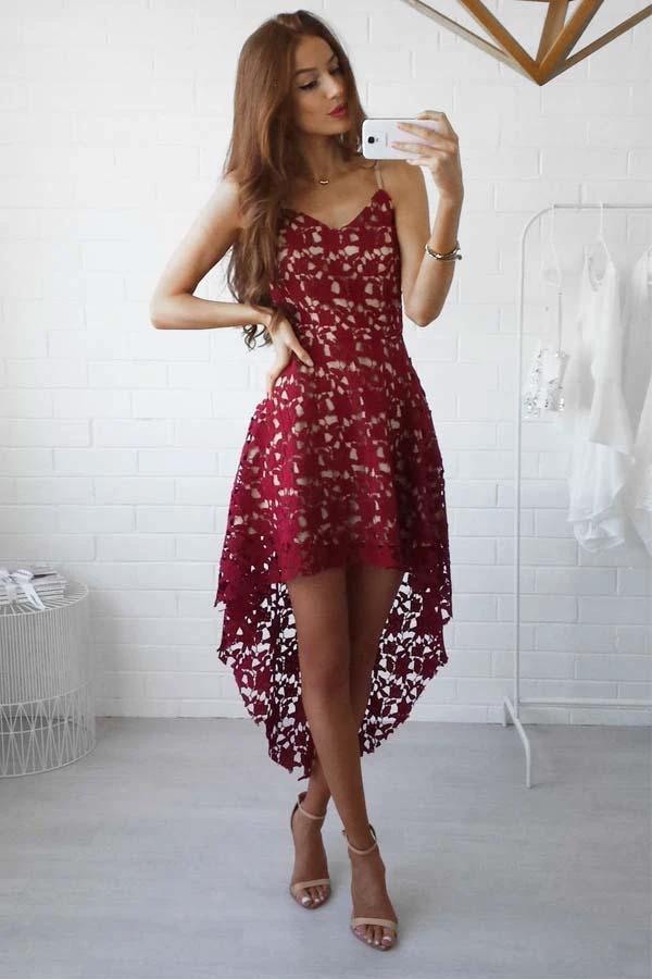 High Low Straps Simple Dark Red Lace Homecoming/Party Dresses PD021 by pgmdress
