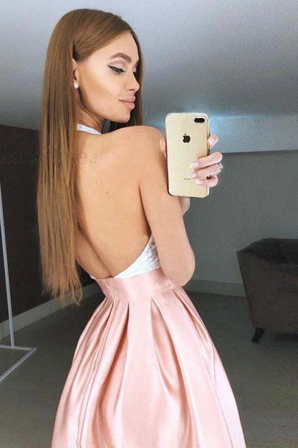 High Neck Backless Short Pink Pleated Homecoming Dress with Lace Bodice PD272 by pgmdress