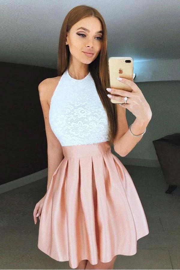 High Neck Backless Short Pink Pleated Homecoming Dress with Lace Bodice PD272 by pgmdress