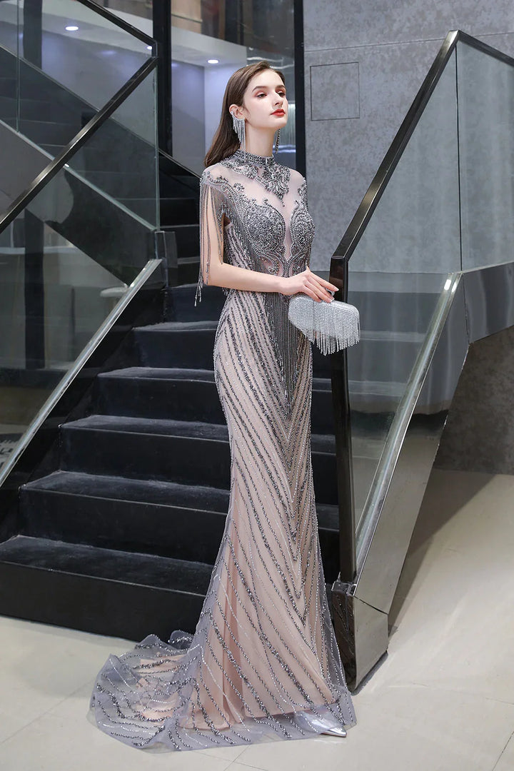 High Neck Cap sleeves Sparkle Beads Long Prom Dresses by BIZTUNNEL