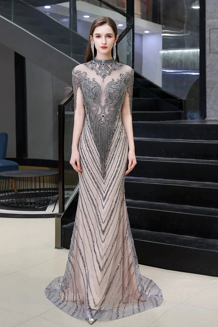 High Neck Cap sleeves Sparkle Beads Long Prom Dresses by BIZTUNNEL