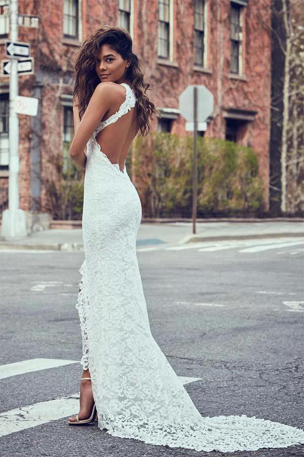 High Neckline Lace Backless Mermaid Wedding Dresses With Court Train WD123 by pgmdress