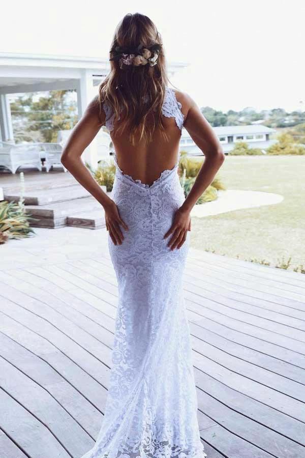 High Neckline Lace Backless Mermaid Wedding Dresses With Court Train WD123 by pgmdress