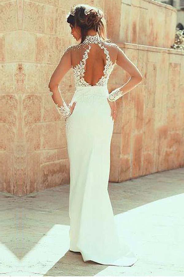 High Neckline Sheath Wedding Dresses With Beaded Lace Appliques WD191 by pgmdress