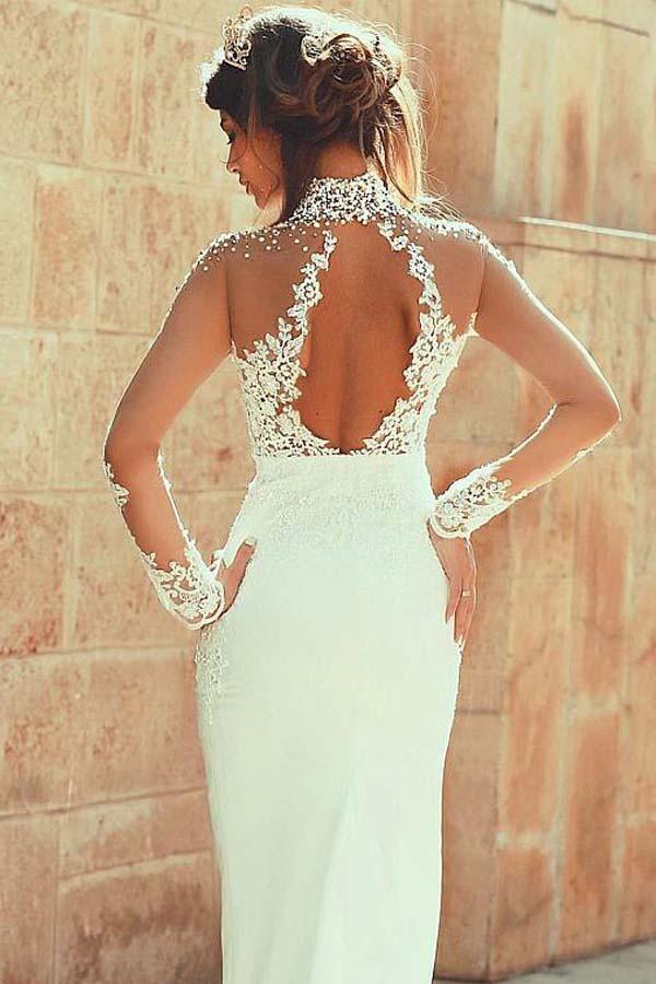 High Neckline Sheath Wedding Dresses With Beaded Lace Appliques WD191 by pgmdress