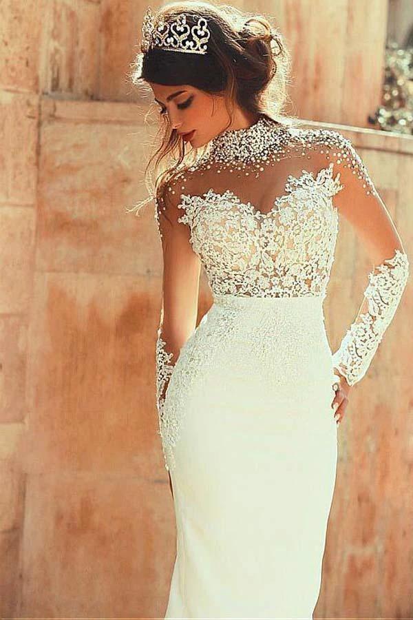 High Neckline Sheath Wedding Dresses With Beaded Lace Appliques WD191 by pgmdress