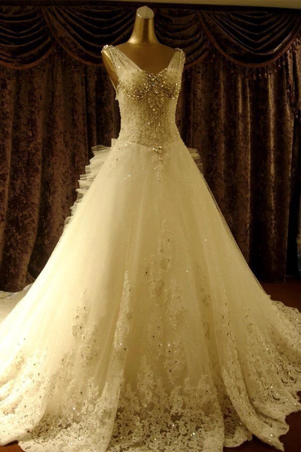 High Quality Floor-length V-neck Beading Chapel Train Wedding Dresses WD068 by pgmdress