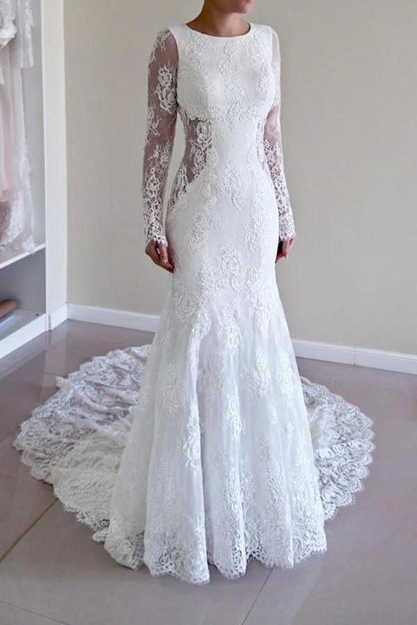 High Quality Scoop Open Back Mermaid Wedding Dress with Long Sleeves WD003 by pgmdress