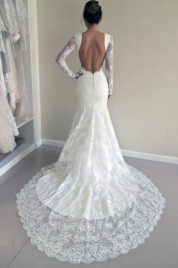 High Quality Scoop Open Back Mermaid Wedding Dress with Long Sleeves WD003 by pgmdress