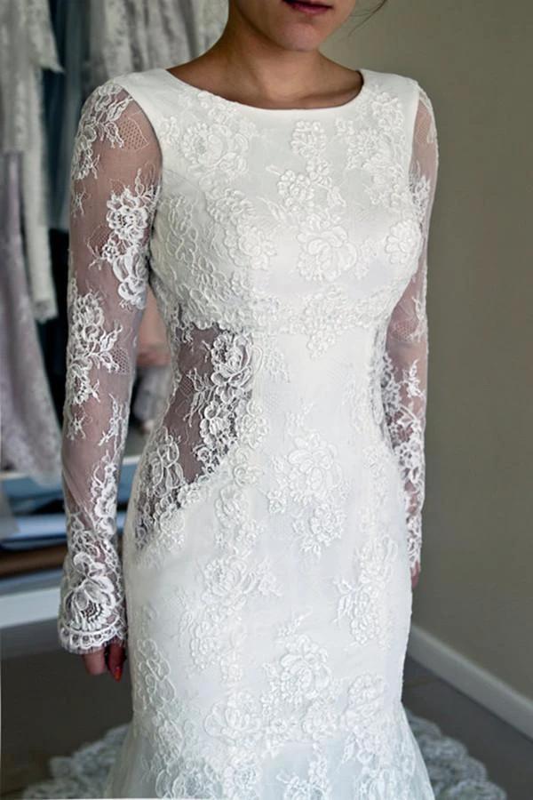 High Quality Scoop Open Back Mermaid Wedding Dress with Long Sleeves WD003 by pgmdress