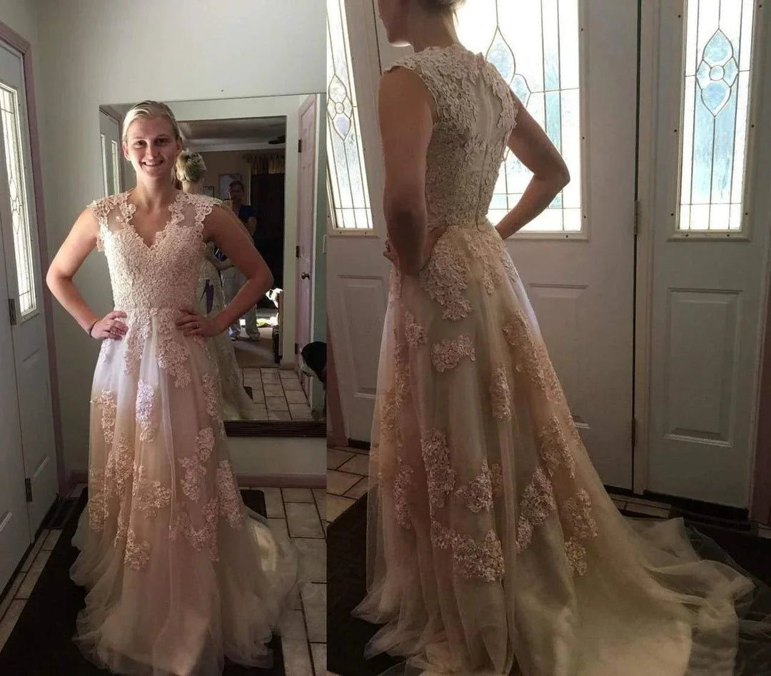 High Quality V-neck Sleeveless Floor-Length Wedding Dress with Lace WD015 by pgmdress