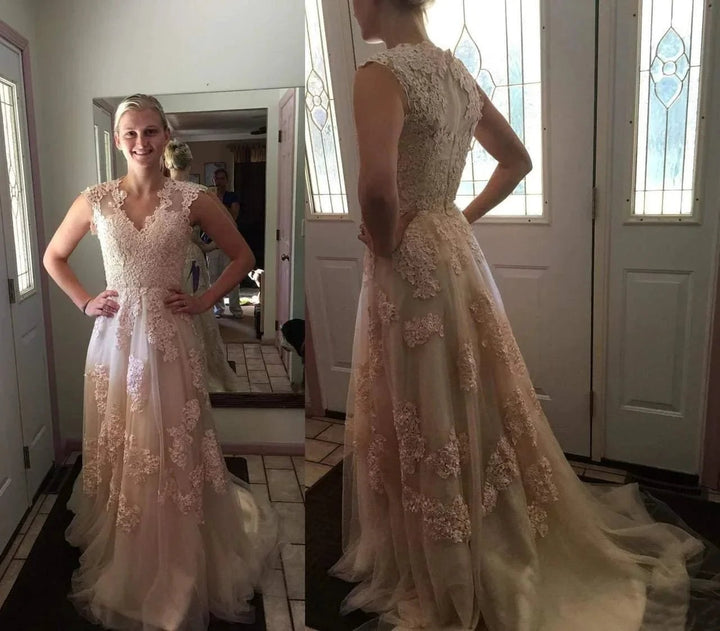 High Quality V-neck Sleeveless Floor-Length Wedding Dress with Lace WD015 by pgmdress
