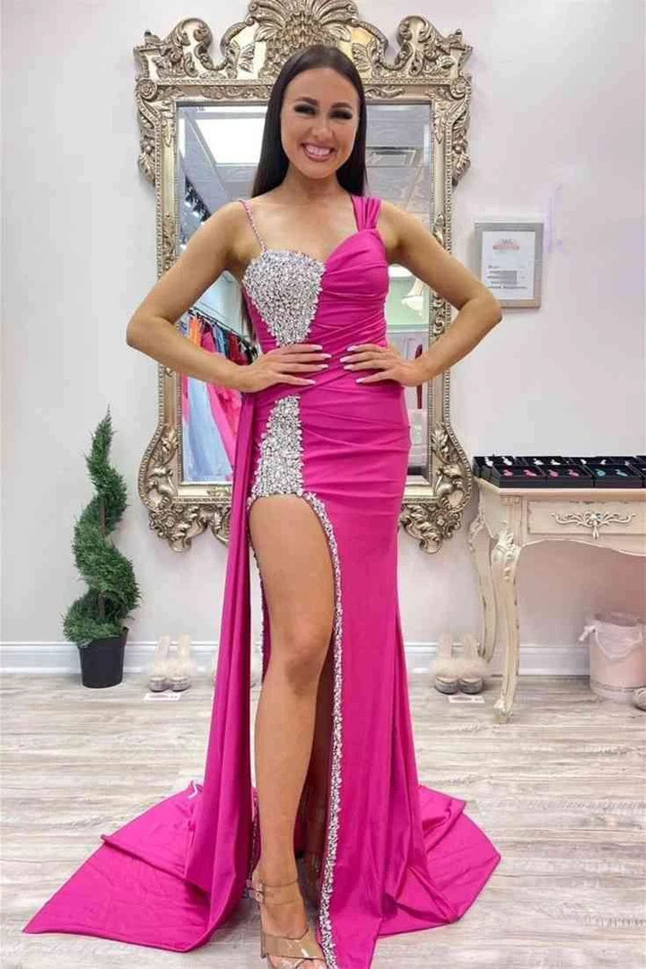 Kaydence | Chic Asymmertrical Fuchsia Beaded Long Porm Dress by KissProm