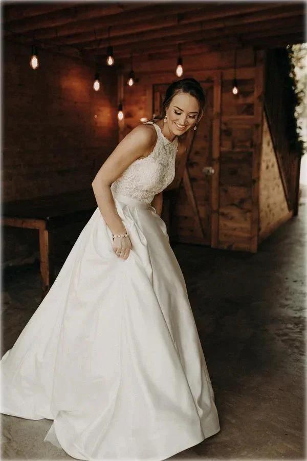 Illusion And Lace Halter Neck A-line Wedding Dress With Sweep Train WD540 by pgmdress
