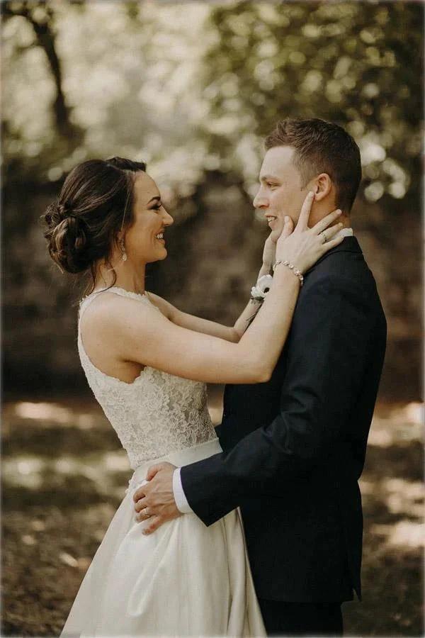 Illusion And Lace Halter Neck A-line Wedding Dress With Sweep Train WD540 by pgmdress