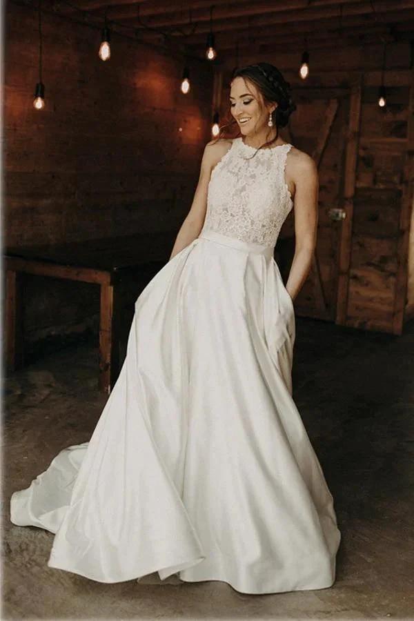 Illusion And Lace Halter Neck A-line Wedding Dress With Sweep Train WD540 by pgmdress