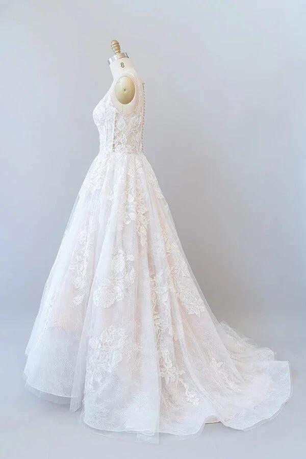 Illusion Appliques Tulle A-line Wedding Dress by misshow.com