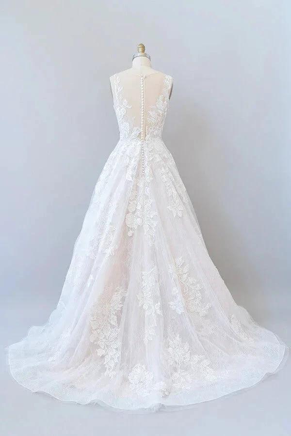 Illusion Appliques Tulle A-line Wedding Dress by misshow.com