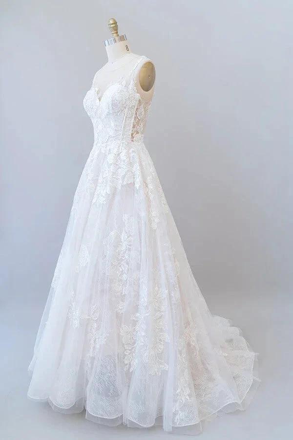 Illusion Appliques Tulle A-line Wedding Dress by misshow.com