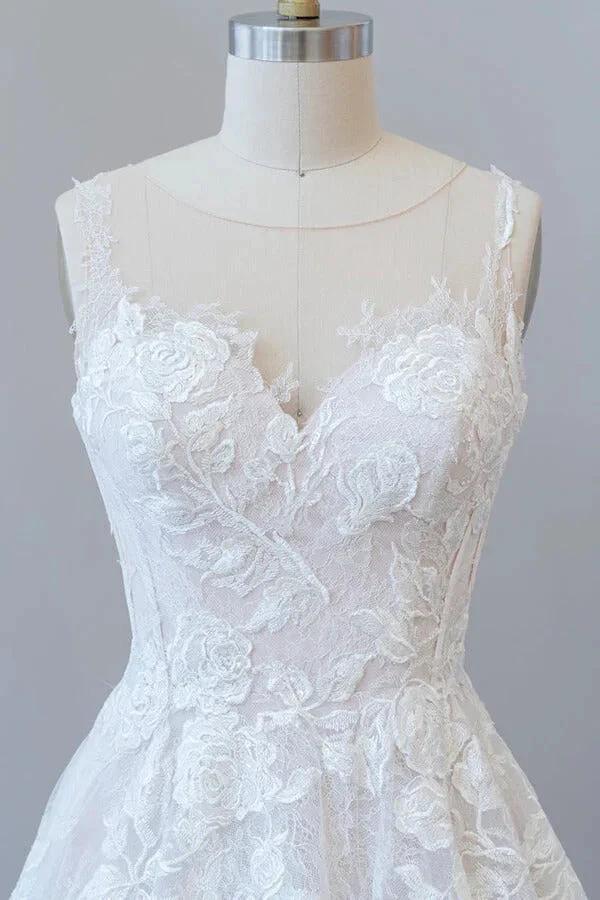 Illusion Appliques Tulle A-line Wedding Dress by misshow.com
