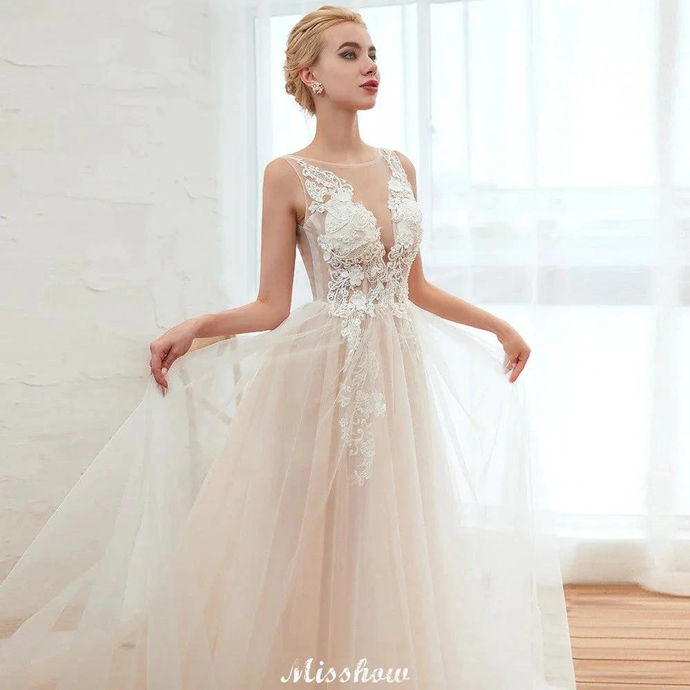 Illusion Neck Champagne Wedding Dress Sleeveless Summer Bridal Gown by misshow.com
