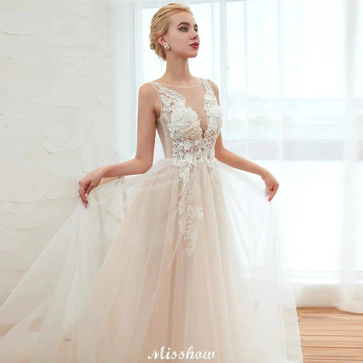 Illusion Neck Champagne Wedding Dress Sleeveless Summer Bridal Gown by misshow.com