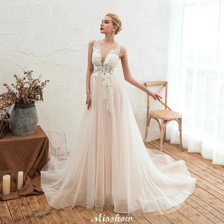 Illusion Neck Champagne Wedding Dress Sleeveless Summer Bridal Gown by misshow.com