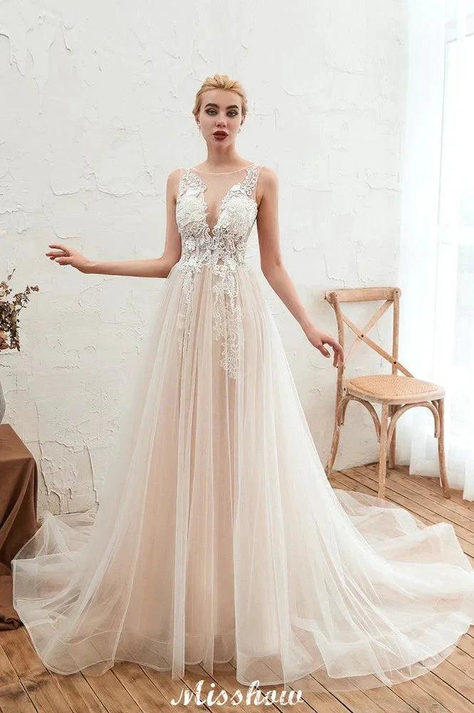Illusion Neck Champagne Wedding Dress Sleeveless Summer Bridal Gown by misshow.com