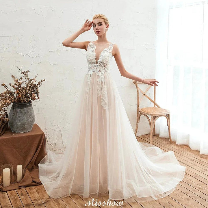 Illusion Neck Champagne Wedding Dress Sleeveless Summer Bridal Gown by misshow.com