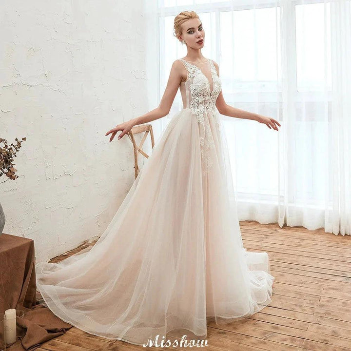 Illusion Neck Champagne Wedding Dress Sleeveless Summer Bridal Gown by misshow.com