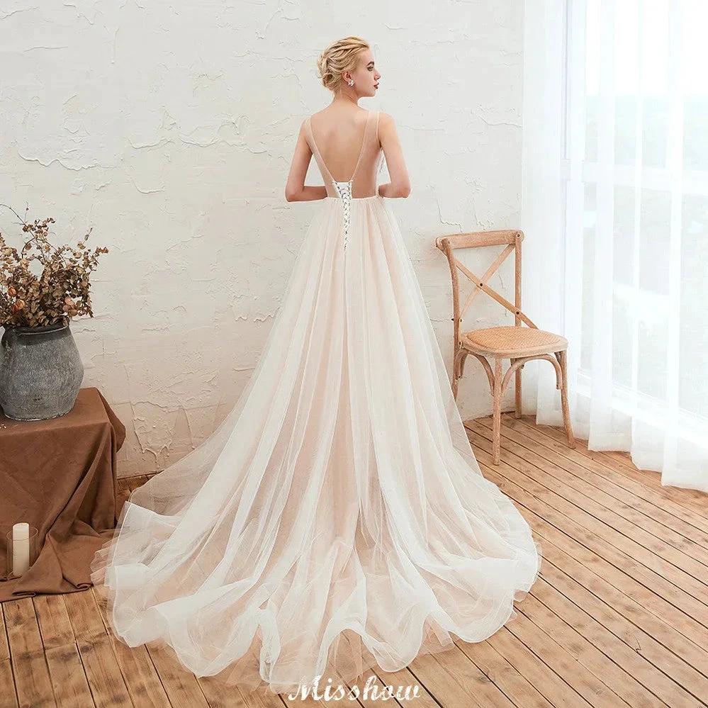 Illusion Neck Champagne Wedding Dress Sleeveless Summer Bridal Gown by misshow.com