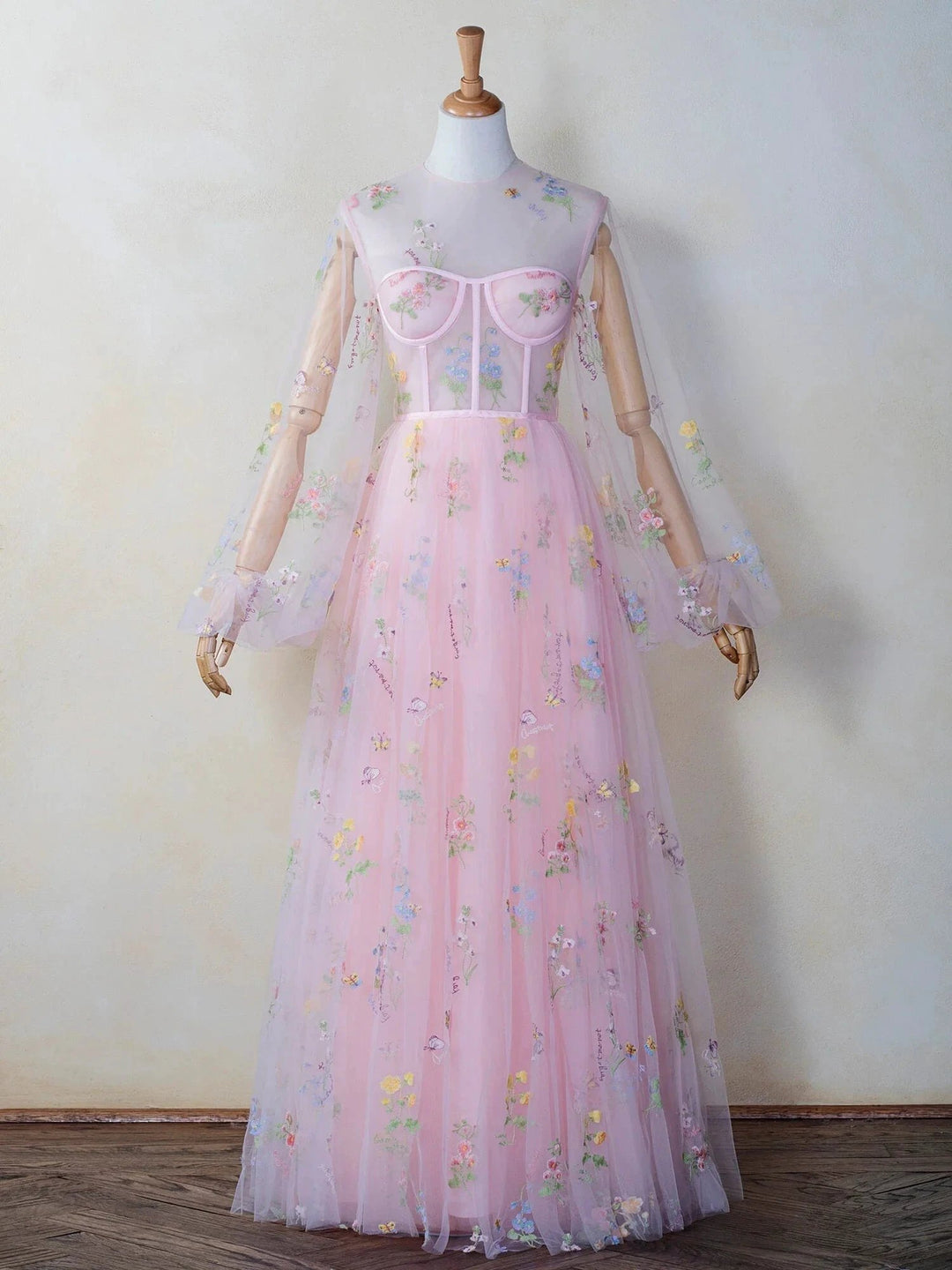 Illusion Neck Floor Length Tulle Pink Prom Dress by Anne of Brittany