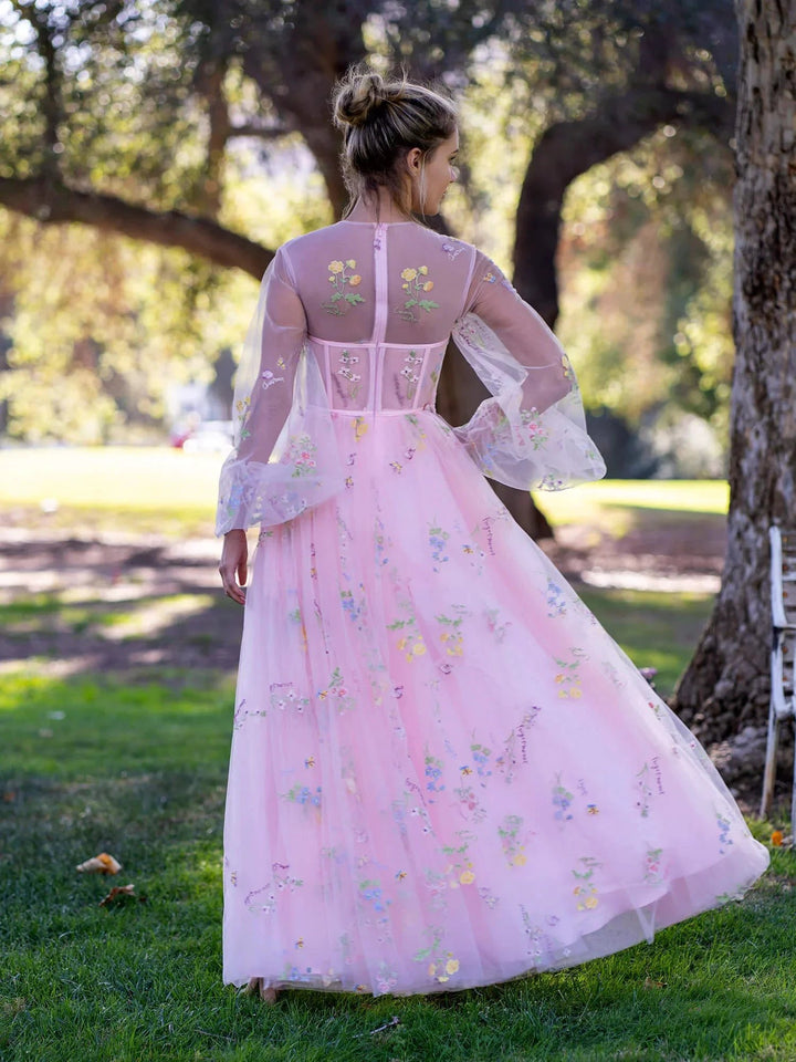 Illusion Neck Floor Length Tulle Pink Prom Dress by Anne of Brittany