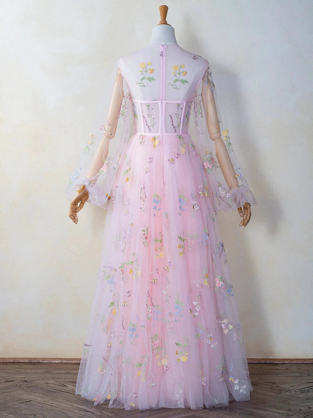 Illusion Neck Floor Length Tulle Pink Prom Dress by Anne of Brittany