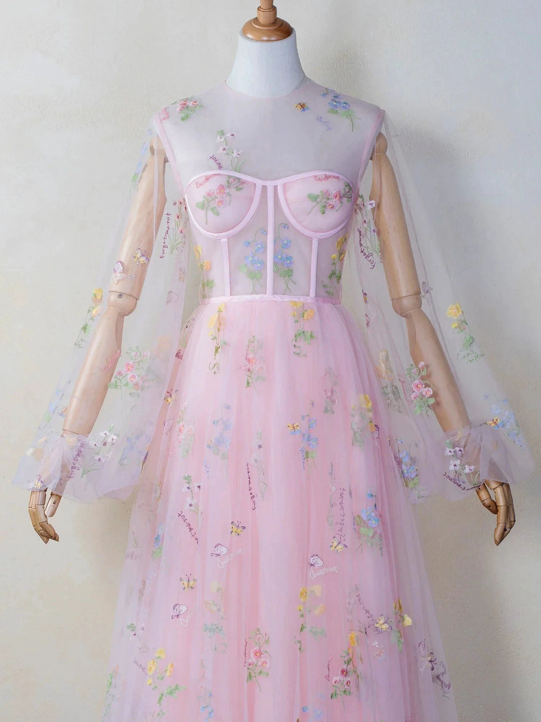 Illusion Neck Floor Length Tulle Pink Prom Dress by Anne of Brittany