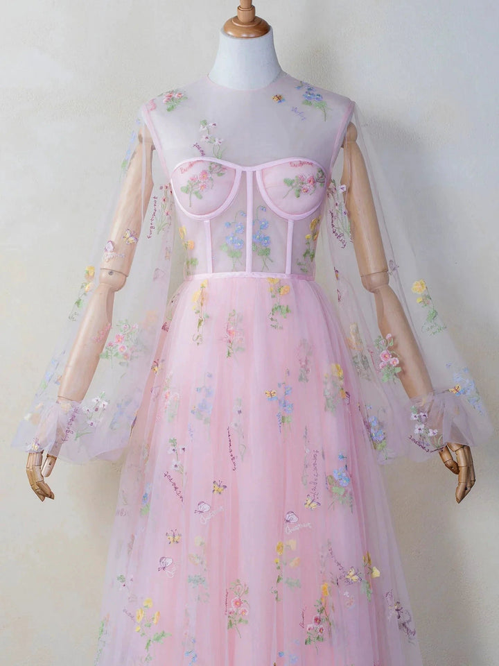 Illusion Neck Floor Length Tulle Pink Prom Dress by Anne of Brittany