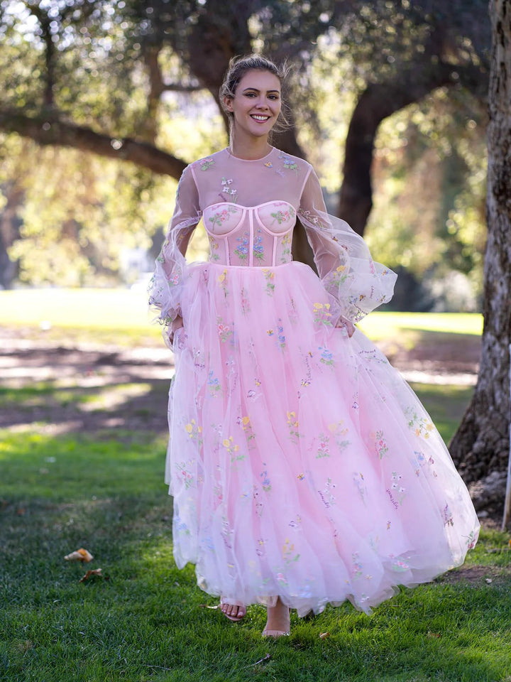 Illusion Neck Floor Length Tulle Pink Prom Dress by Anne of Brittany