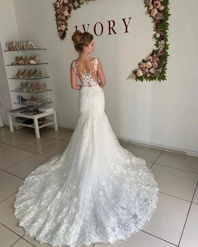 Illusion neck Lace Sleeveless Mermaid Wedding Dress by misshow.com