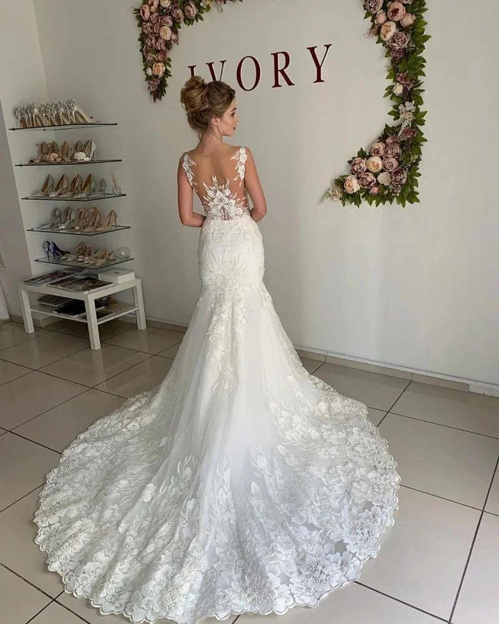 Illusion neck Lace Sleeveless Mermaid Wedding Dress by misshow.com