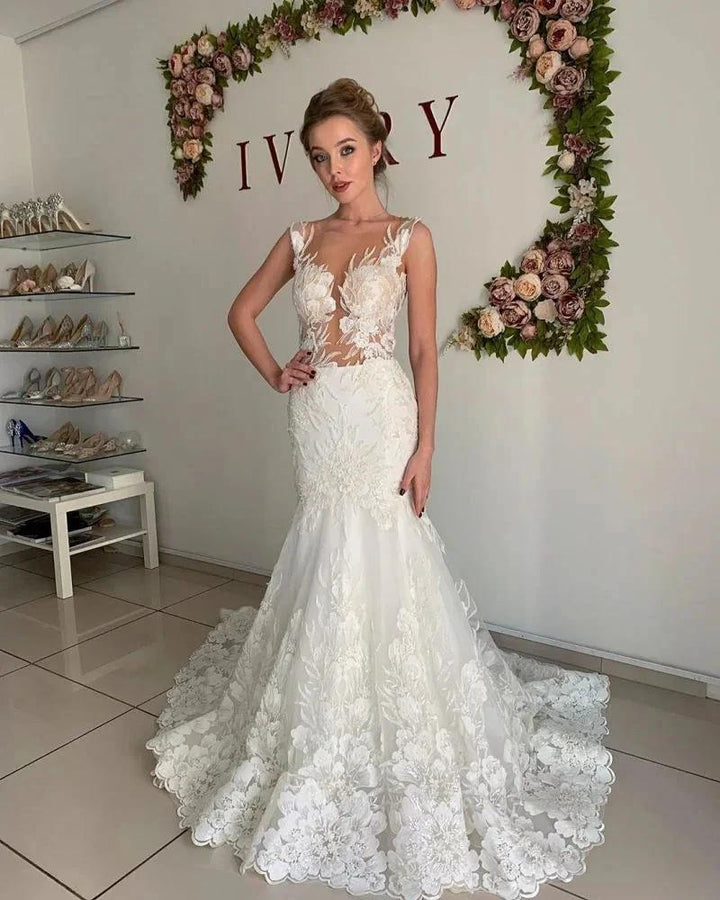 Illusion neck Lace Sleeveless Mermaid Wedding Dress by misshow.com