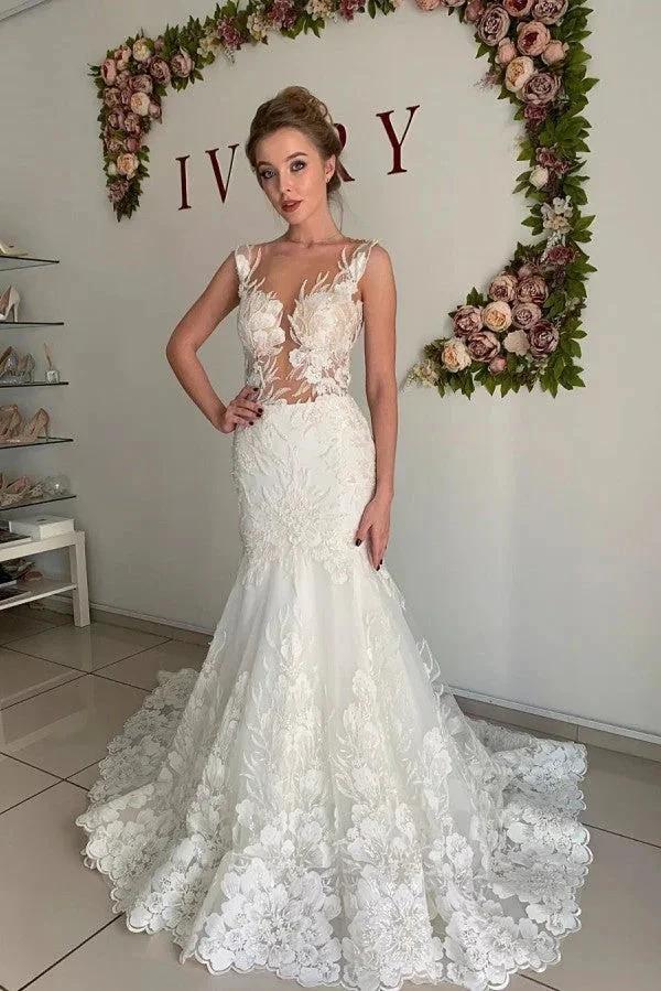 Illusion neck Lace Sleeveless Mermaid Wedding Dress by misshow.com