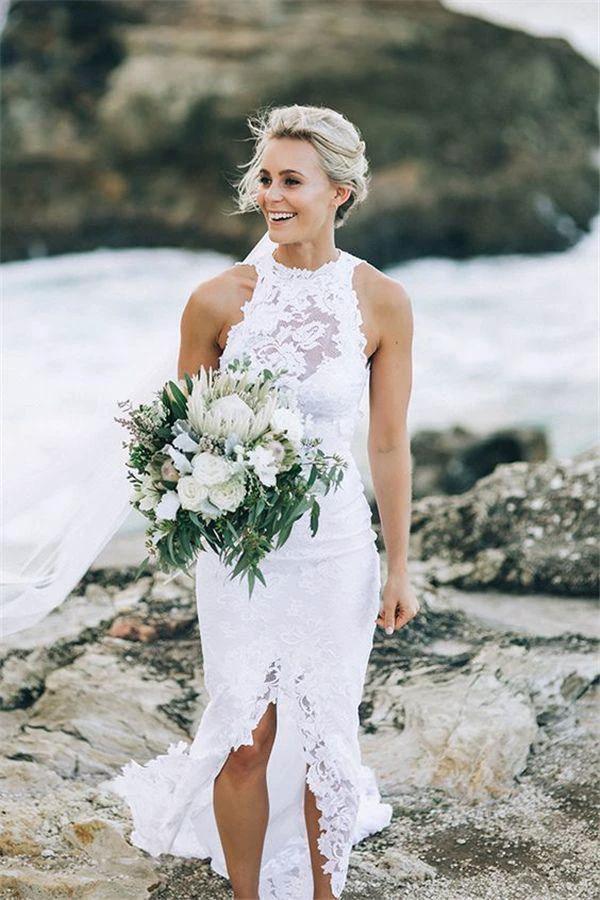 Illusion Neckline Split Sweep Train Wedding Dress Open Back Bridal Gown WD471 by pgmdress
