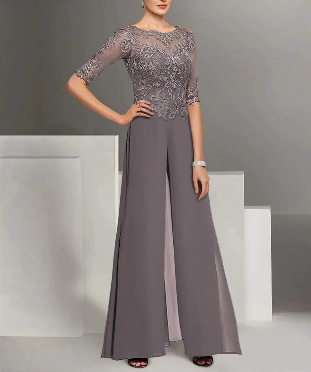 Chiffon half Sleeves Mother of the Bride Pantsuits with Lace by Dreamylily