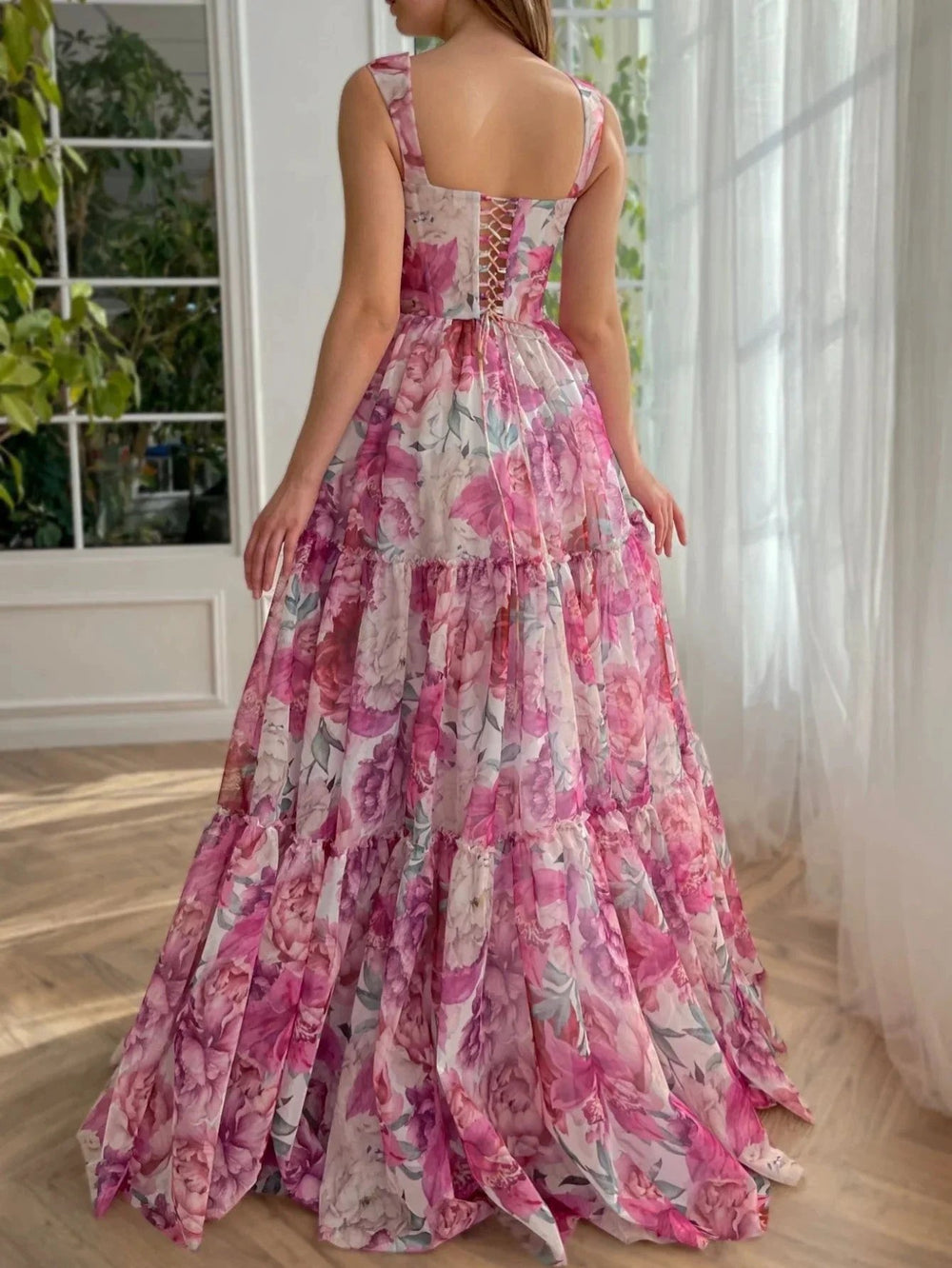 A Line Floral Pink Long Prom Dress by KissProm
