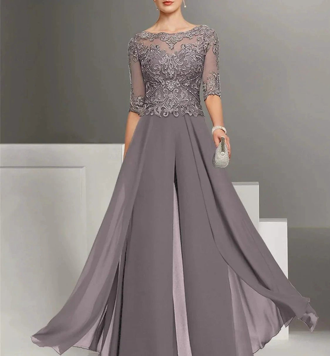Chiffon half Sleeves Mother of the Bride Pantsuits with Lace by Dreamylily